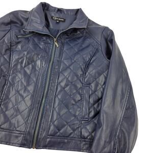 Women's Faux Leather Motorcycle Jacket Navy Quilted Petite Large PL Waist Length